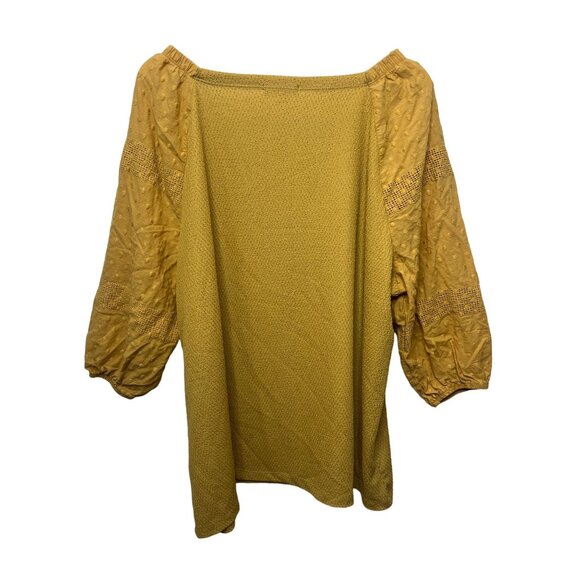 Soleillee Plus Size 2X Yellow Textured Peasant Blouse Puff Sleeve Boho Top - Picture 2 of 13